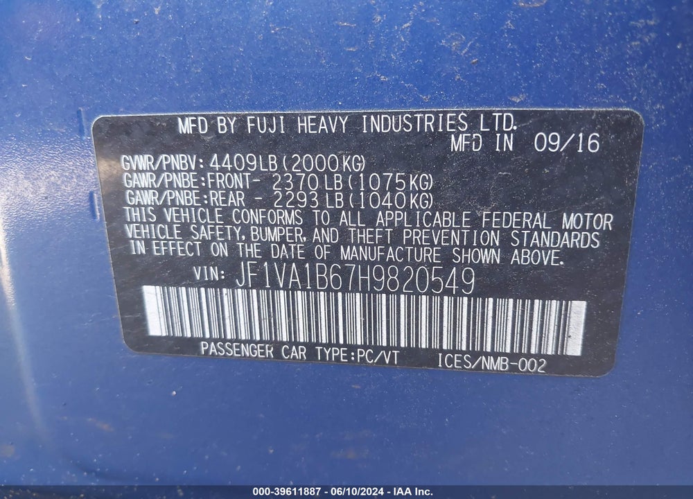 2017 SUBARU WRX VIN: JF1VA1B67H9820549