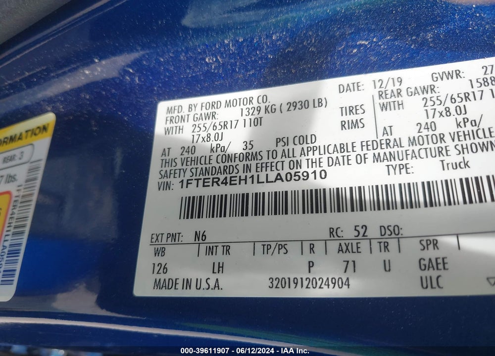 2020 FORD RANGER XLT VIN: 1FTER4EH1LLA05910