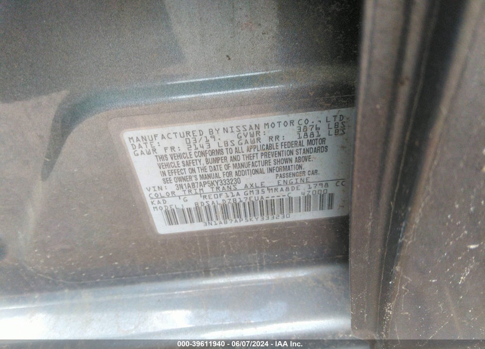 2019 NISSAN SENTRA SV VIN: 3N1AB7AP5KY333230