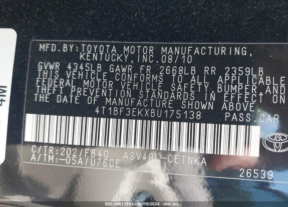 2011 TOYOTA CAMRY LE VIN: 4T1BF3EKXBU175138