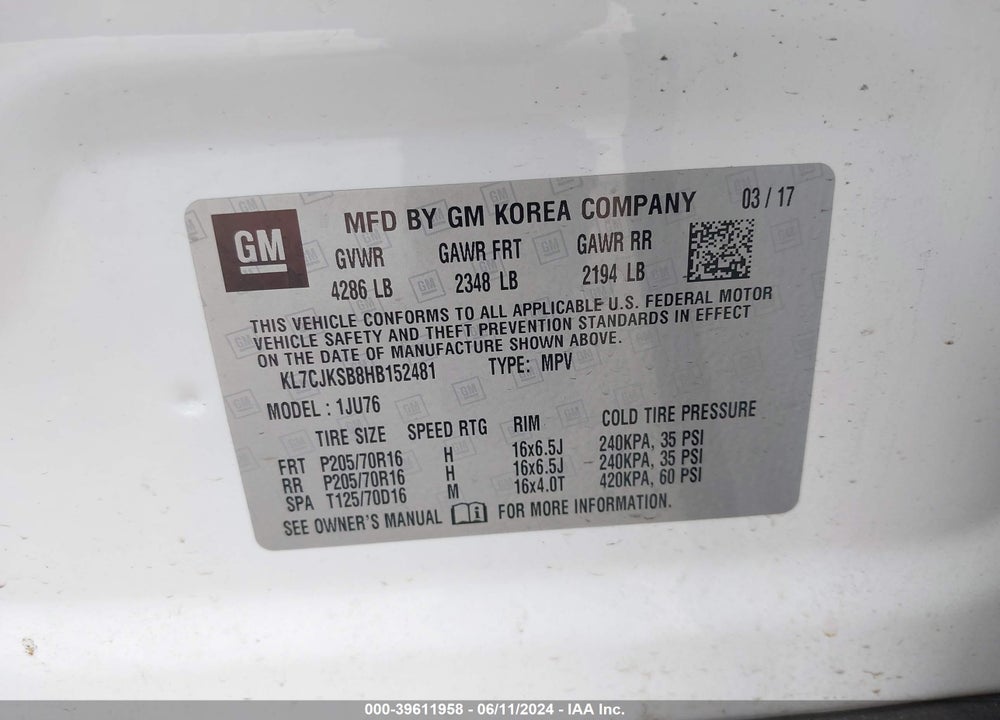2017 CHEVROLET TRAX LS VIN: KL7CJKSB8HB152481