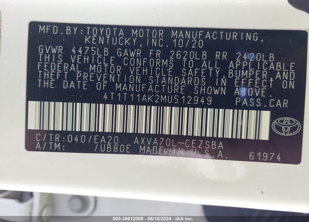2021 TOYOTA CAMRY SE VIN: 4T1T11AK2MU512949