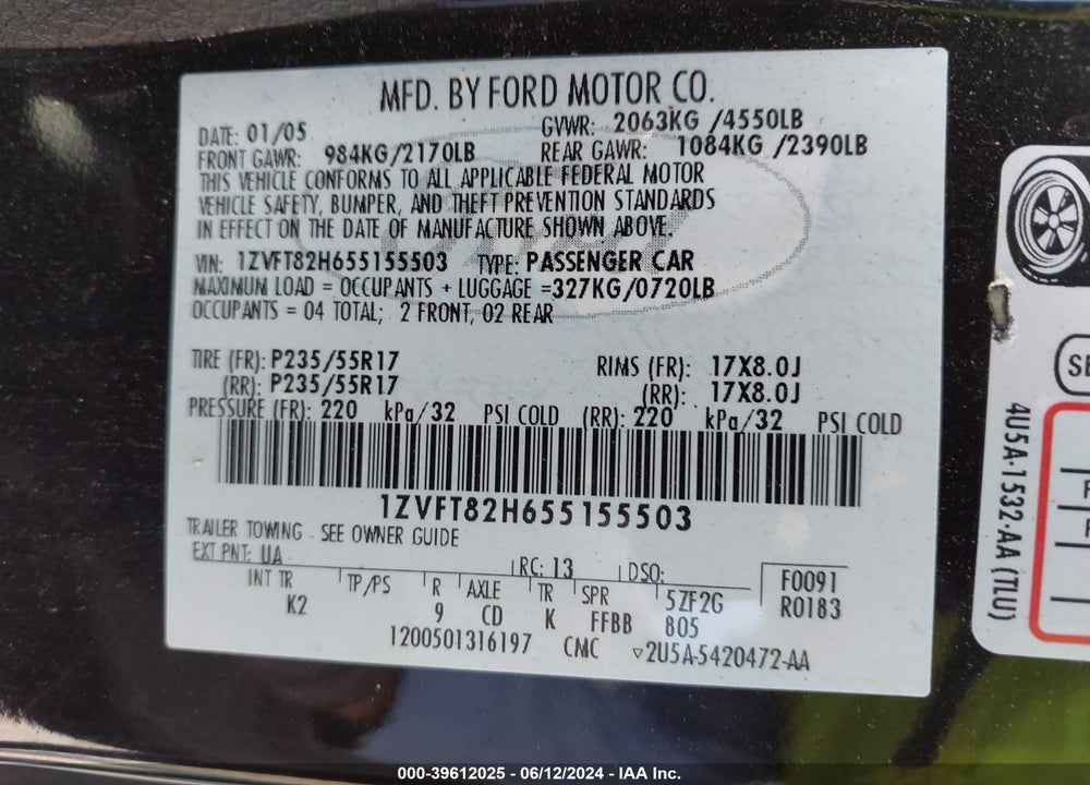 2005 FORD MUSTANG GT DELUXE/GT PREMIUM VIN: 1ZVFT82H655155503