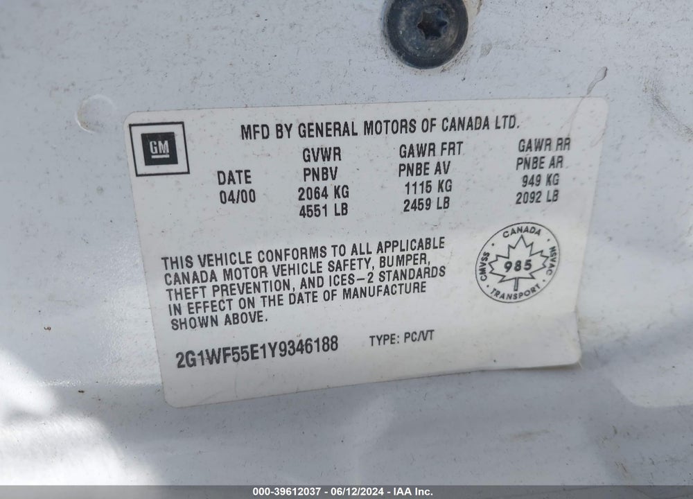 2000 CHEVROLET IMPALA VIN: 2G1WF55E1Y9346188