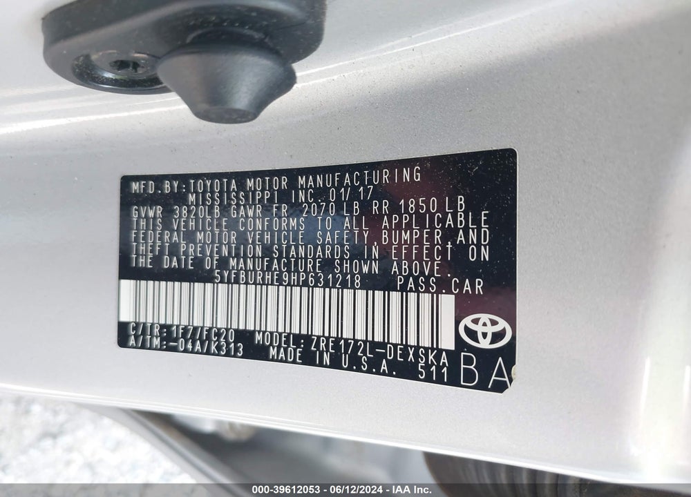 2017 TOYOTA COROLLA SE VIN: 5YFBURHE9HP631218