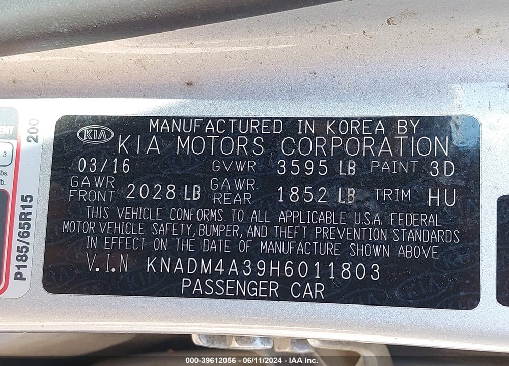 2017 KIA RIO LX VIN: KNADM4A39H6011803