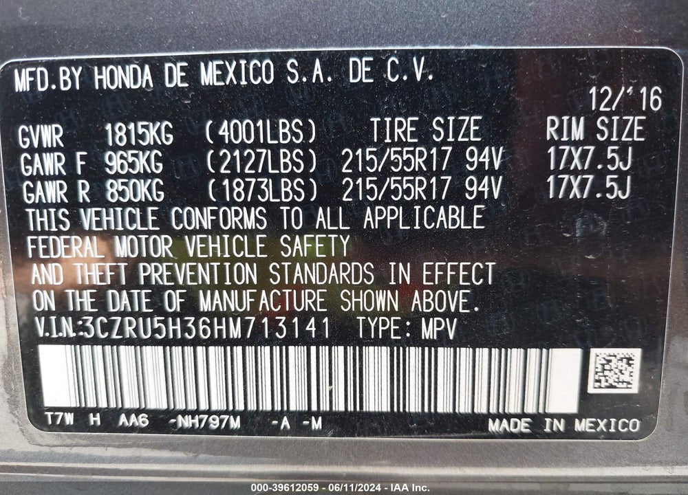 2017 HONDA HR-V LX VIN: 3CZRU5H36HM713141