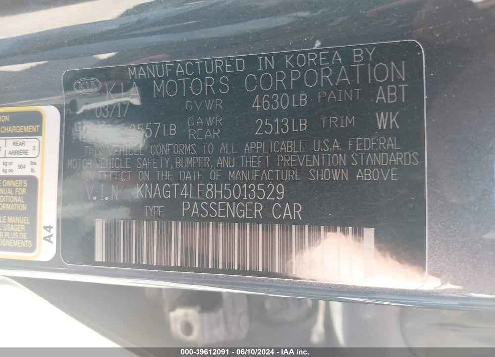 2017 KIA OPTIMA HYBRID VIN: KNAGT4LE8H5013529