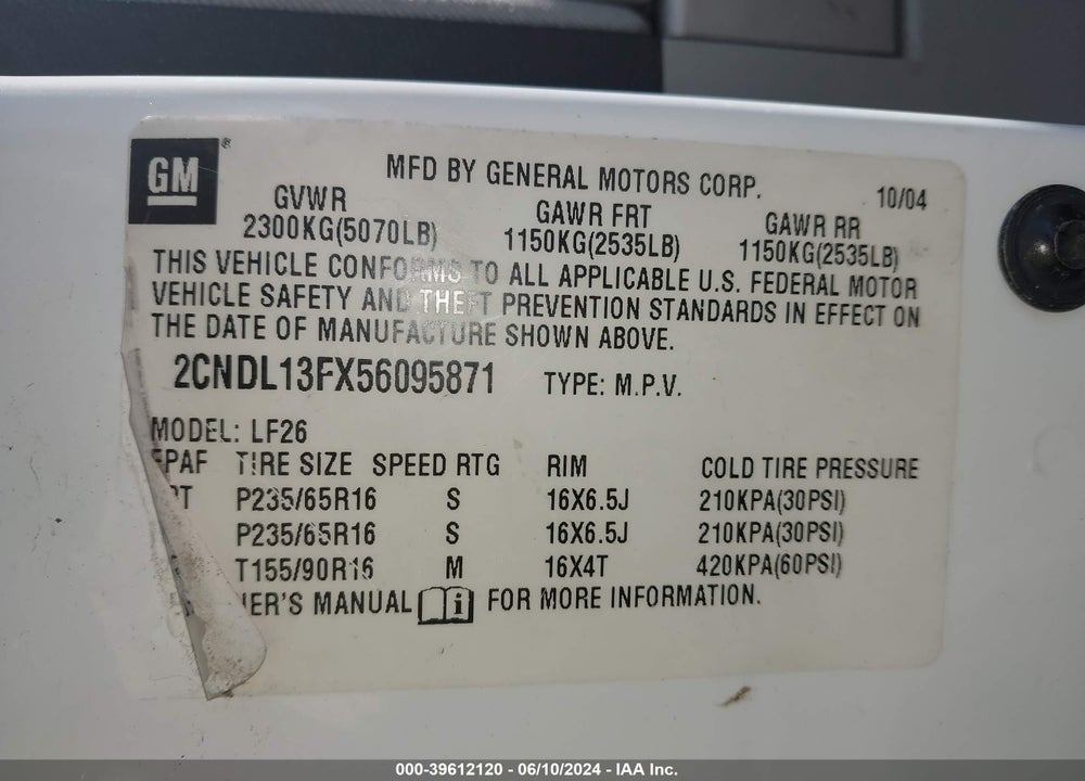 2005 CHEVROLET EQUINOX LS VIN: 2CNDL13FX56095871