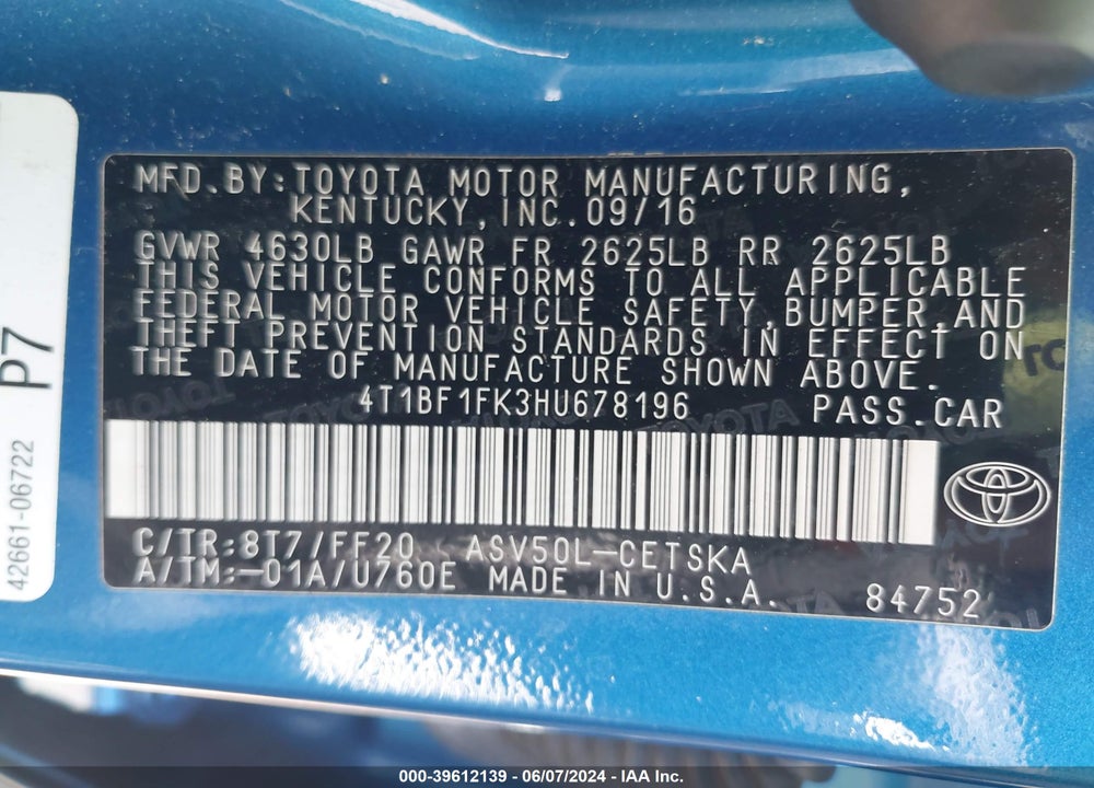 2017 TOYOTA CAMRY SE VIN: 4T1BF1FK3HU678196