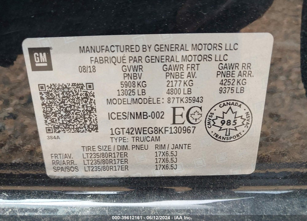 2019 GMC SIERRA 3500HD DENALI VIN: 1GT42WEG8KF130967
