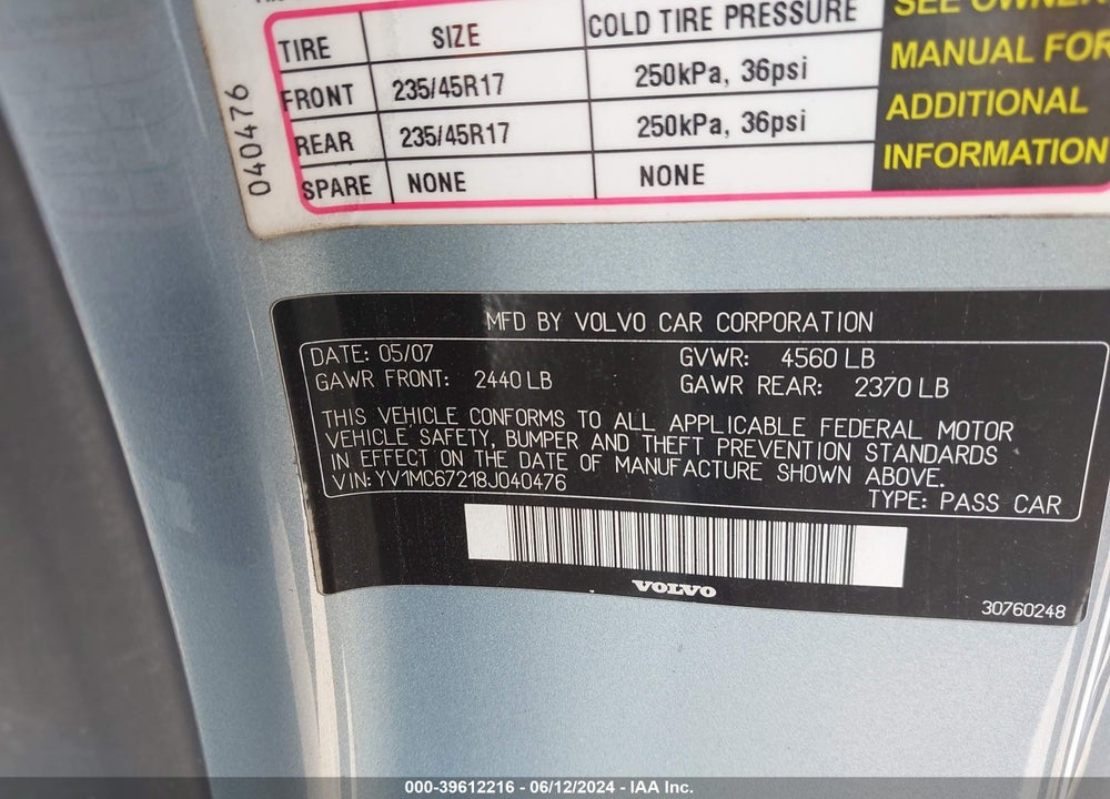 2008 VOLVO C70 T5 VIN: YV1MC67218J040476