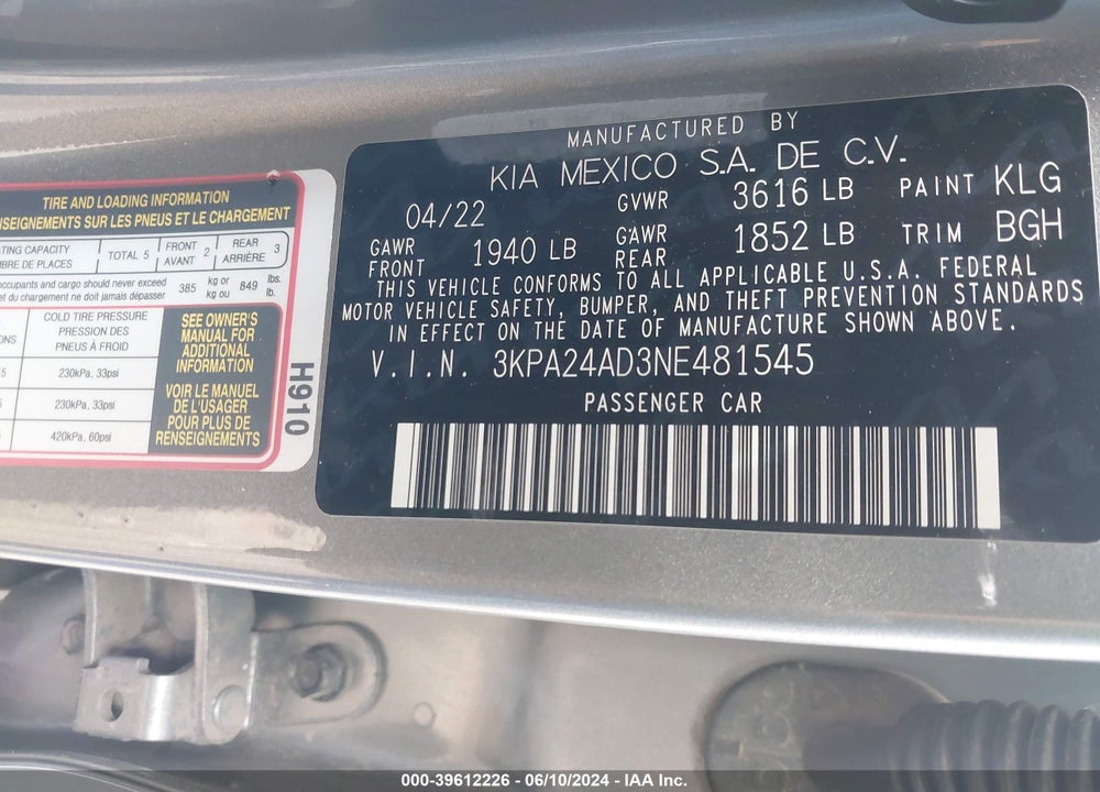 2022 KIA RIO S VIN: 3KPA24AD3NE481545