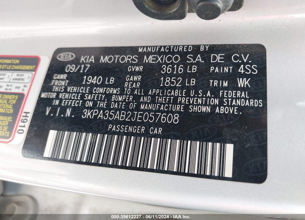 2018 KIA RIO EX VIN: 3KPA35AB2JE057608