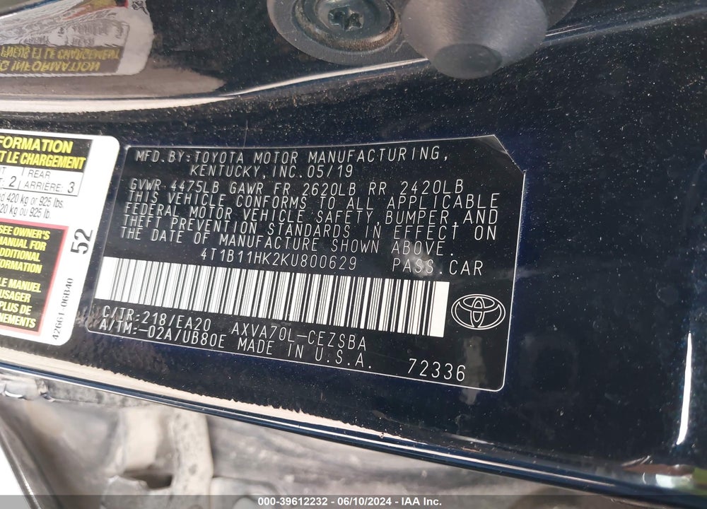 2019 TOYOTA CAMRY SE VIN: 4T1B11HK2KU800629