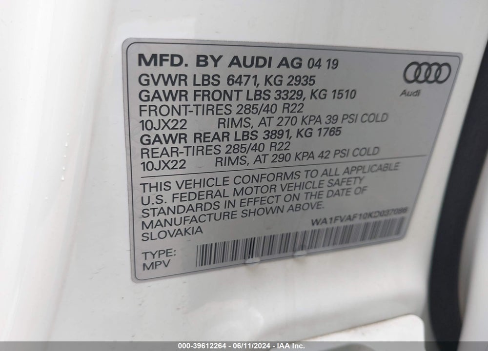 2019 AUDI Q8 55 PREMIUM VIN: WA1FVAF10KD037086