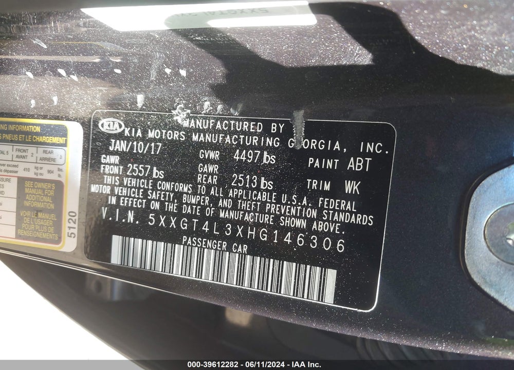 2017 KIA OPTIMA LX VIN: 5XXGT4L3XHG146306