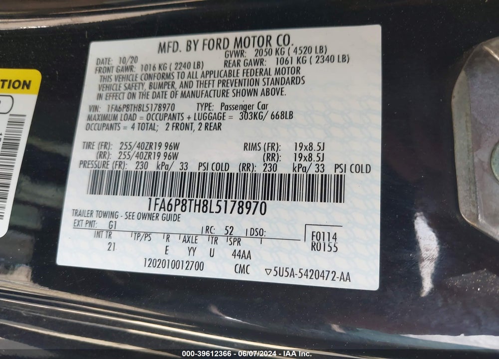 2020 FORD MUSTANG ECOBOOST FASTBACK VIN: 1FA6P8TH8L5178970