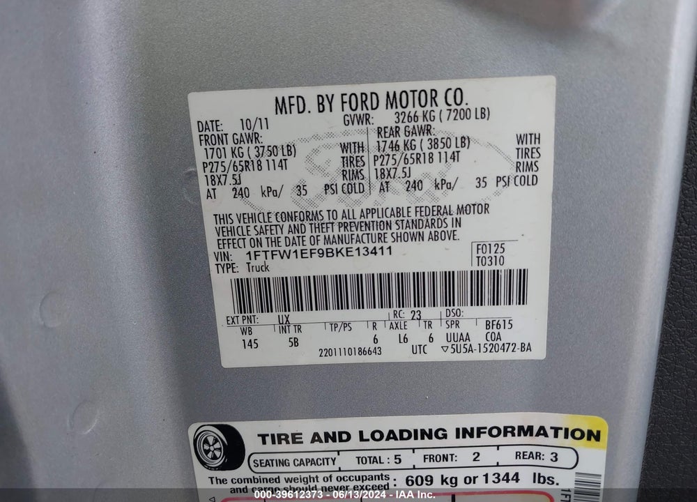 2011 FORD F-150 FX4 VIN: 1FTFW1EF9BKE13411