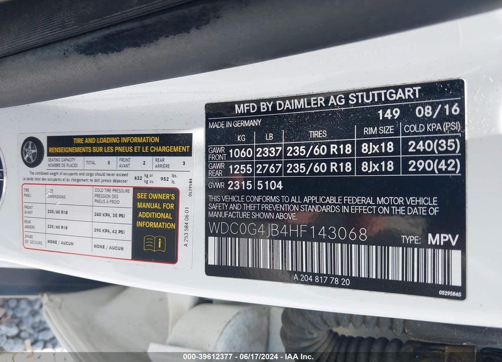 2017 MERCEDES-BENZ GLC 300 VIN: WDC0G4JB4HF143068