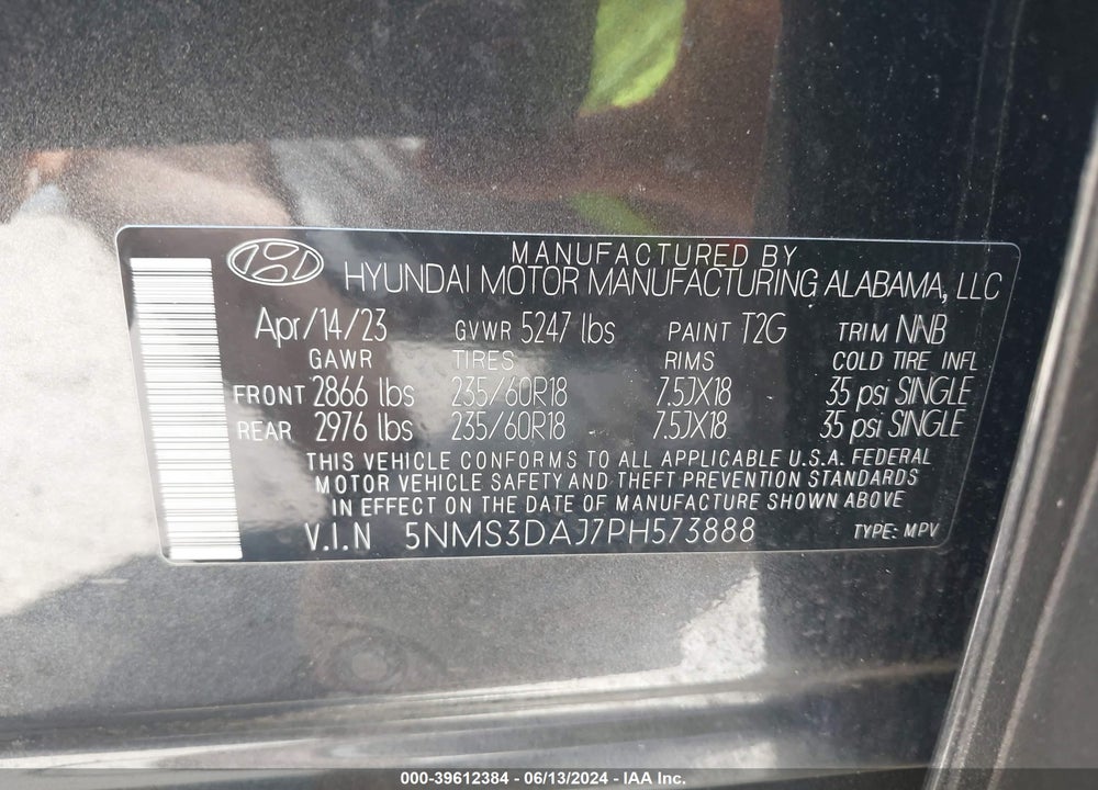 2023 HYUNDAI SANTA FE SEL VIN: 5NMS3DAJ7PH573888