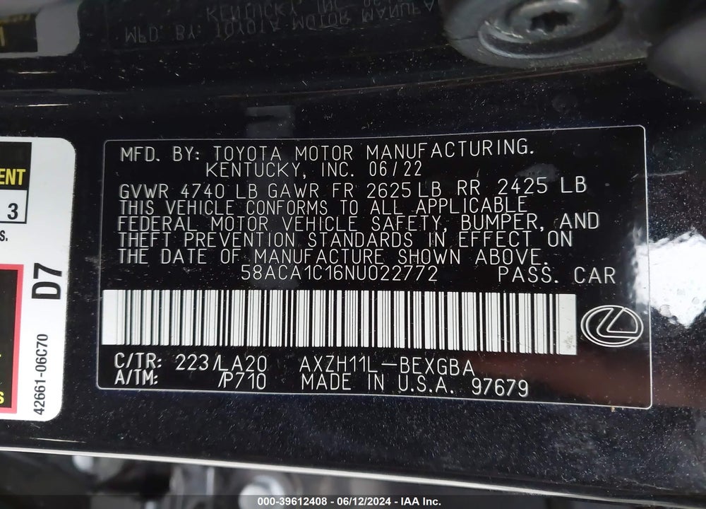 2022 LEXUS ES 300H VIN: 58ACA1C16NU022772