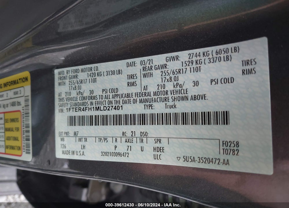 2021 FORD RANGER XLT VIN: 1FTER4FH1MLD27401