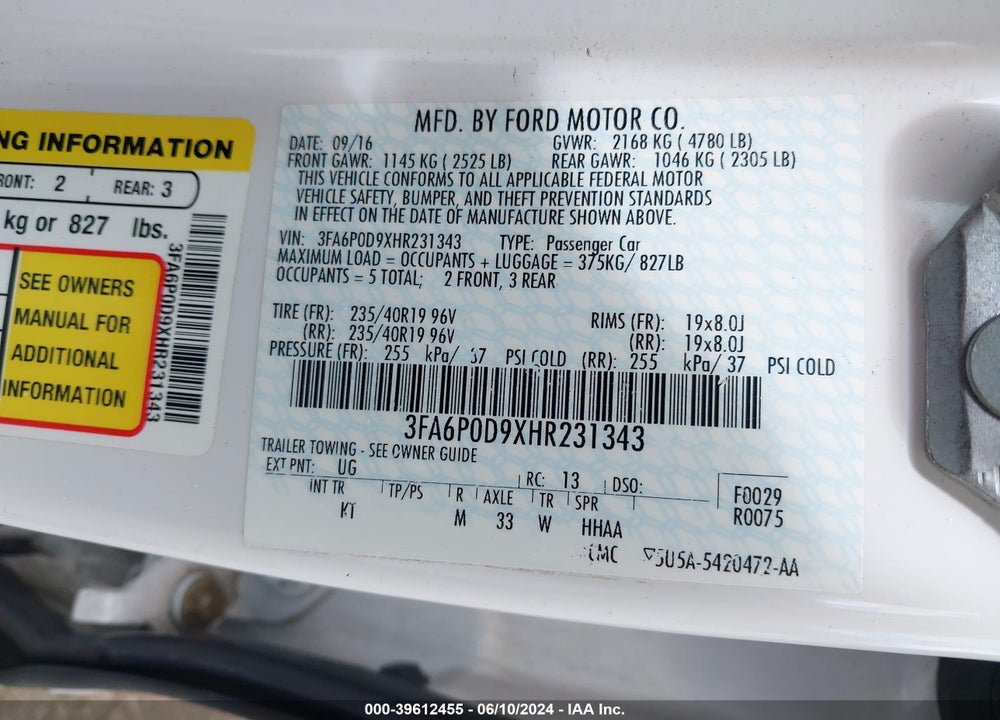 2017 FORD FUSION TITANIUM VIN: 3FA6P0D9XHR231343