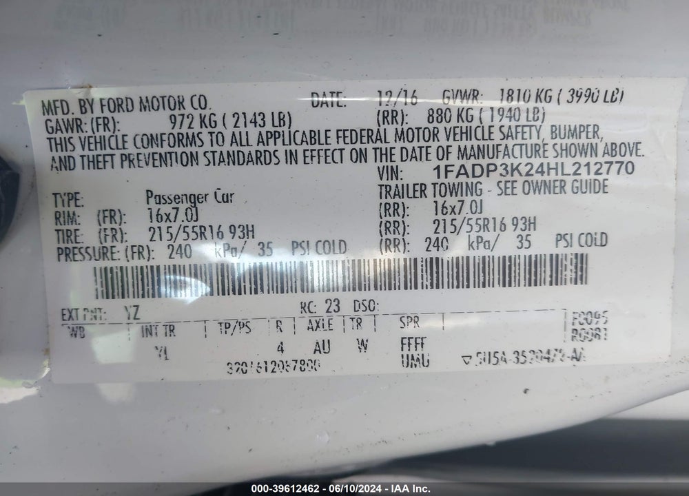 2017 FORD FOCUS SE VIN: 1FADP3K24HL212770