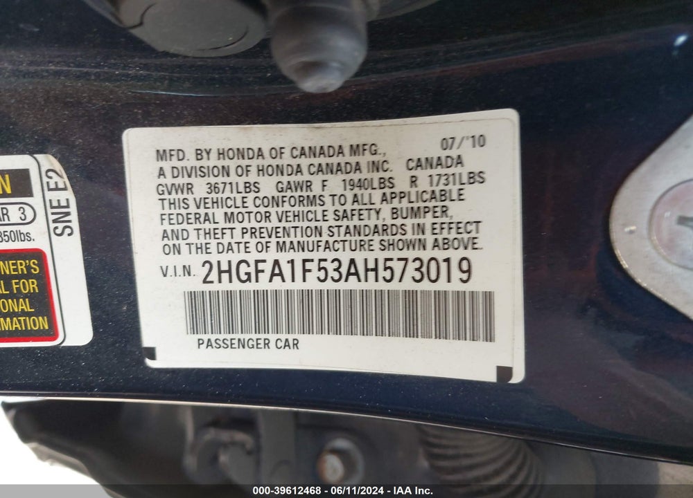 2010 HONDA CIVIC VIN: 2HGFA1F53AH573019