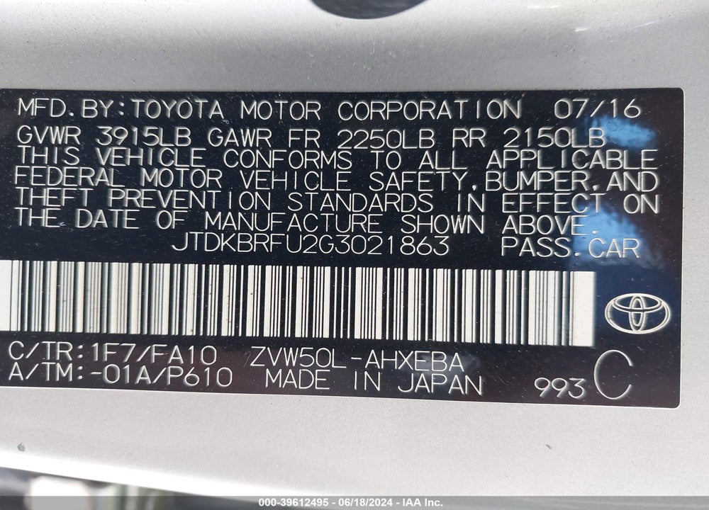 2016 TOYOTA PRIUS TWO VIN: JTDKBRFU2G3021863