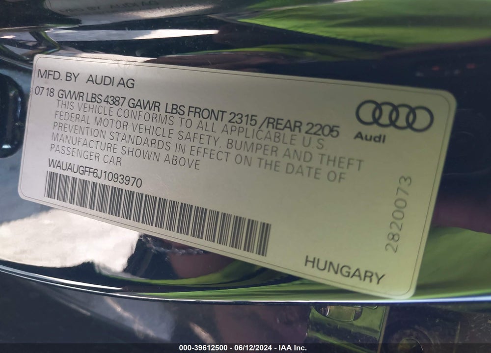 2018 AUDI A3 VIN: WAUAUGFF6J1093970