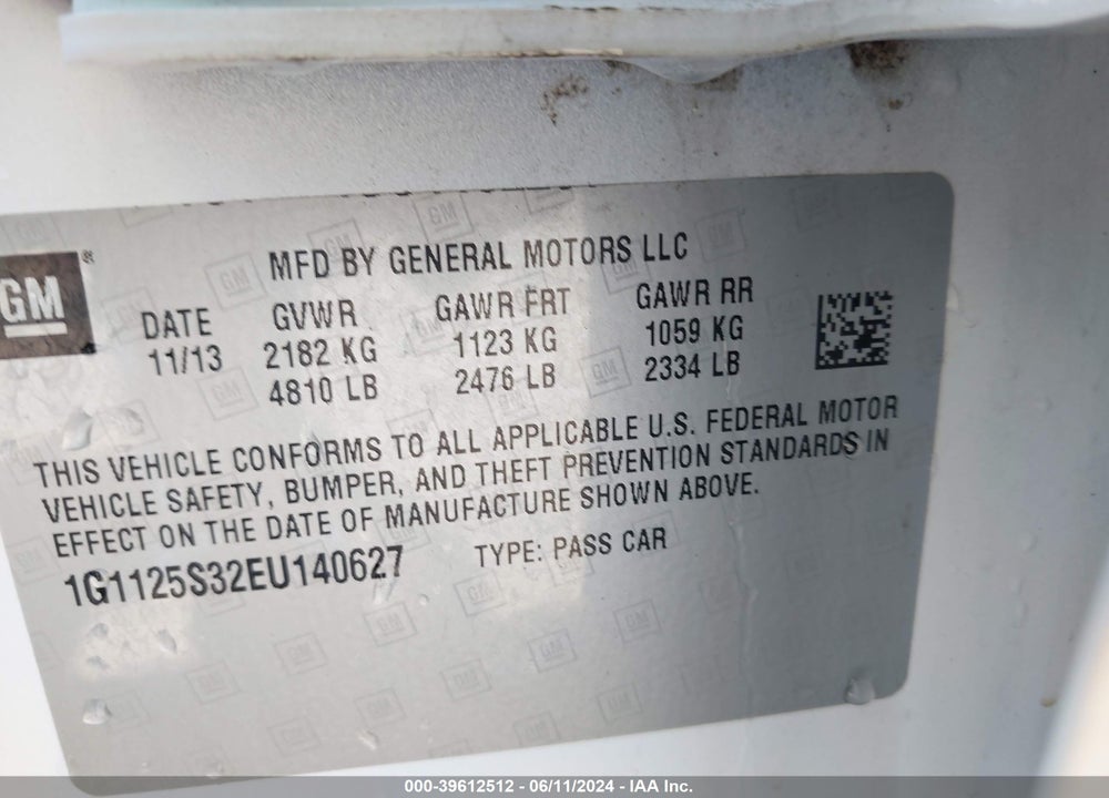2014 CHEVROLET IMPALA 2LT VIN: 1G1125S32EU140627