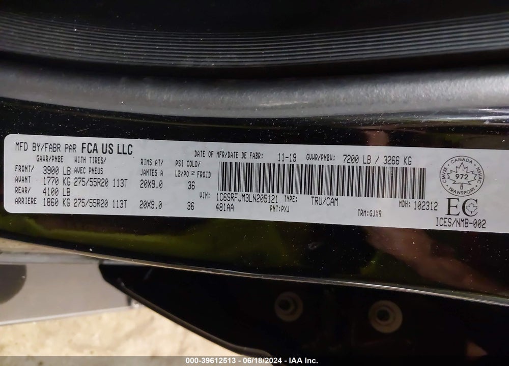 2020 RAM 1500 LAIE VIN: 1C6SRFJM3LN205121