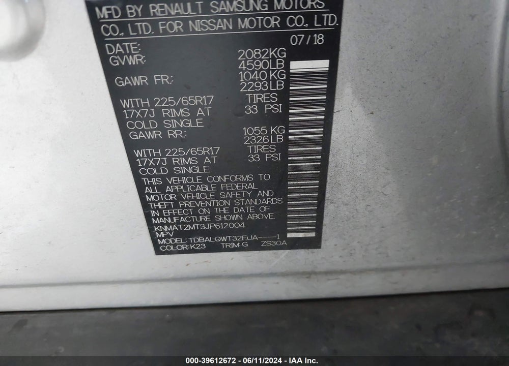 2018 NISSAN ROGUE SV VIN: KNMAT2MT3JP612004