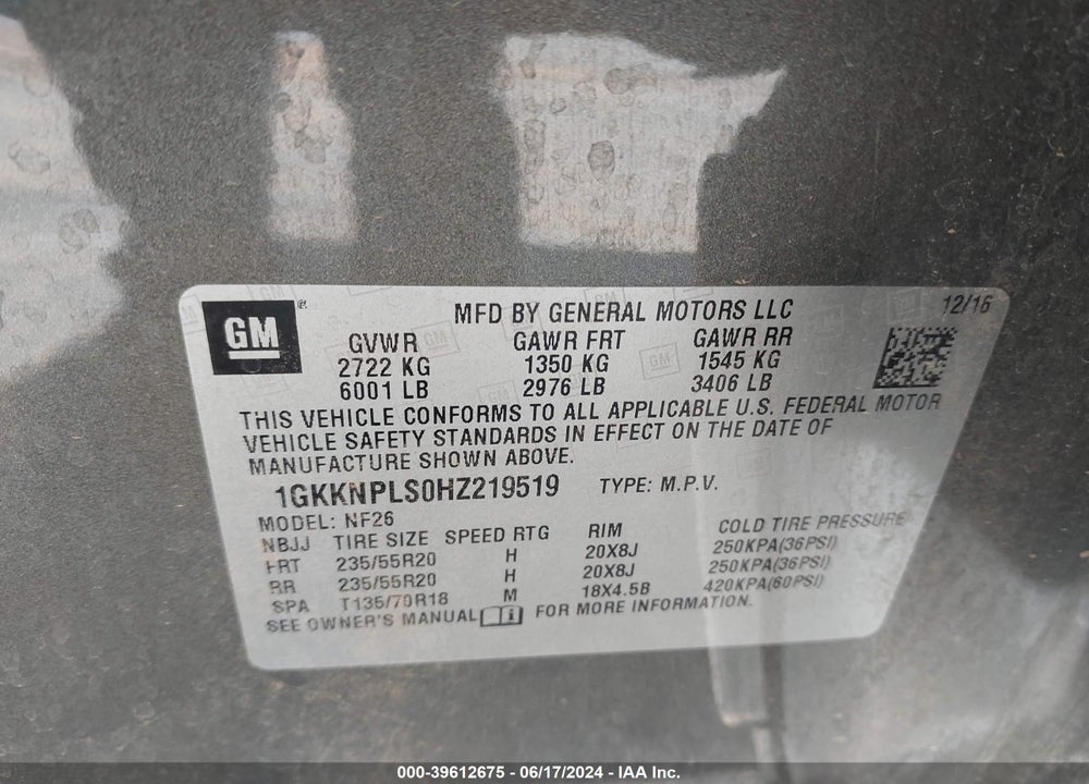 2017 GMC ACADIA DENALI VIN: 1GKKNPLS0HZ219519