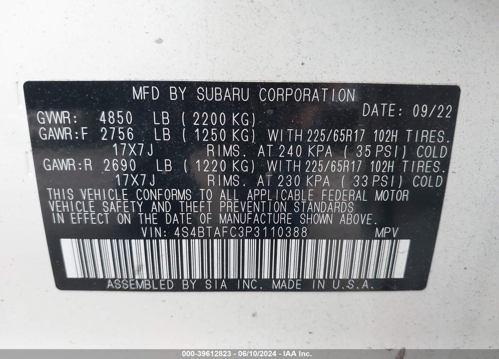 2023 SUBARU OUTBACK PREMIUM VIN: 4S4BTAFC3P3110388