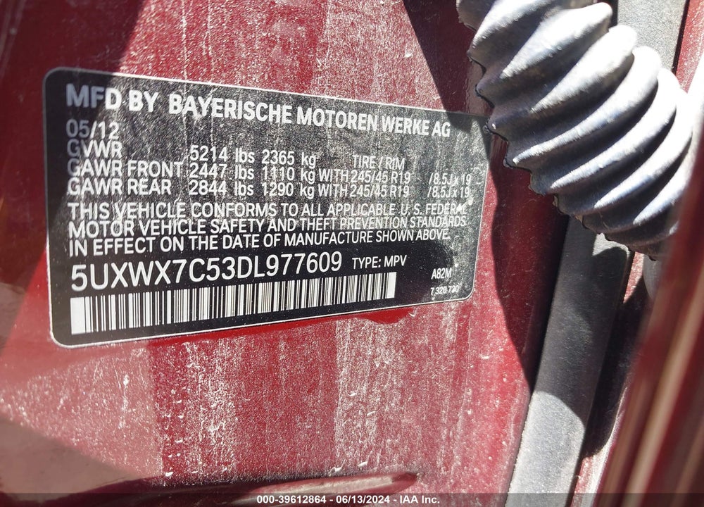 2013 BMW X3 XDRIVE35I VIN: 5UXWX7C53DL977609