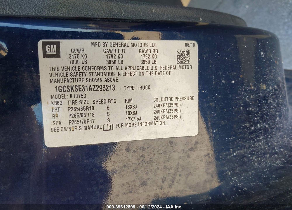 2010 CHEVROLET SILVERADO 1500 LT VIN: 1GCSKSE31AZ293213