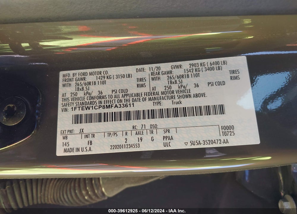 2021 FORD F-150 XLT VIN: 1FTEW1CP8MFA33611