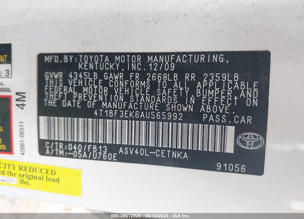 2010 TOYOTA CAMRY VIN: 4T1BF3EK6AU565992