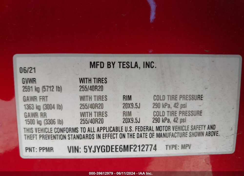 2021 TESLA MODEL Y LONG RANGE DUAL MOTOR ALL-WHEEL DRIVE VIN: 5YJYGDEE6MF212774