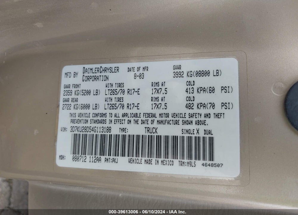 2004 DODGE RAM 2500 SLT/LARAMIE VIN: 3D7KU28D54G113188