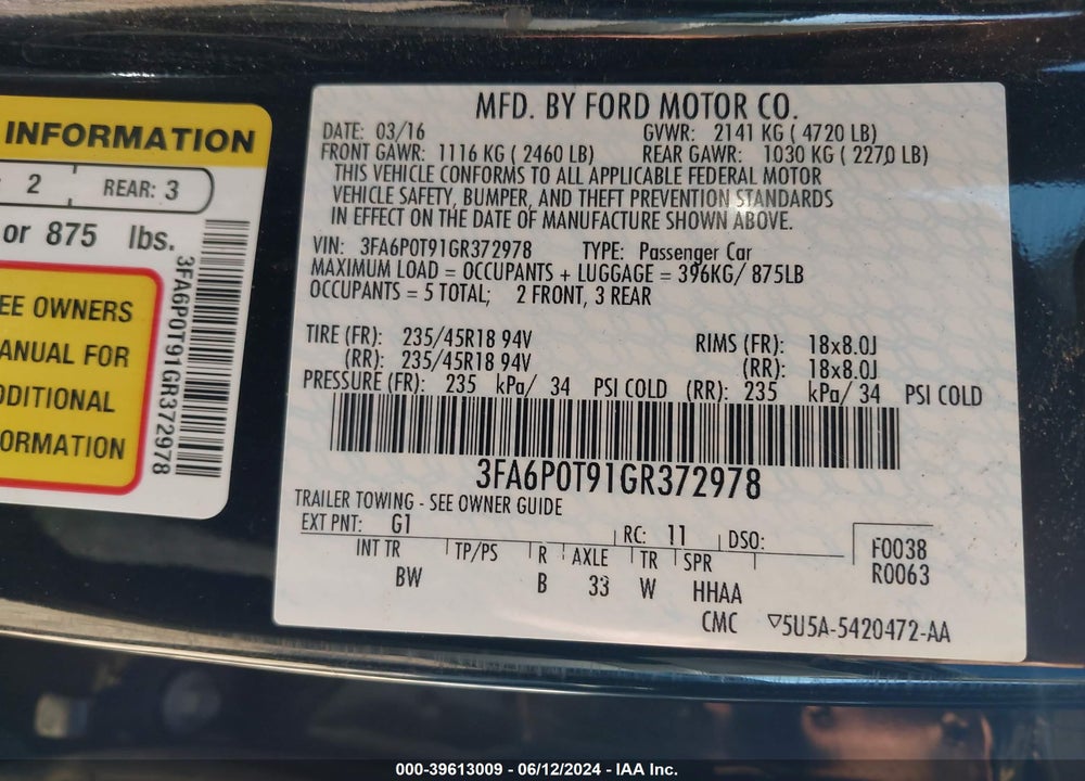 2016 FORD FUSION SE VIN: 3FA6P0T91GR372978