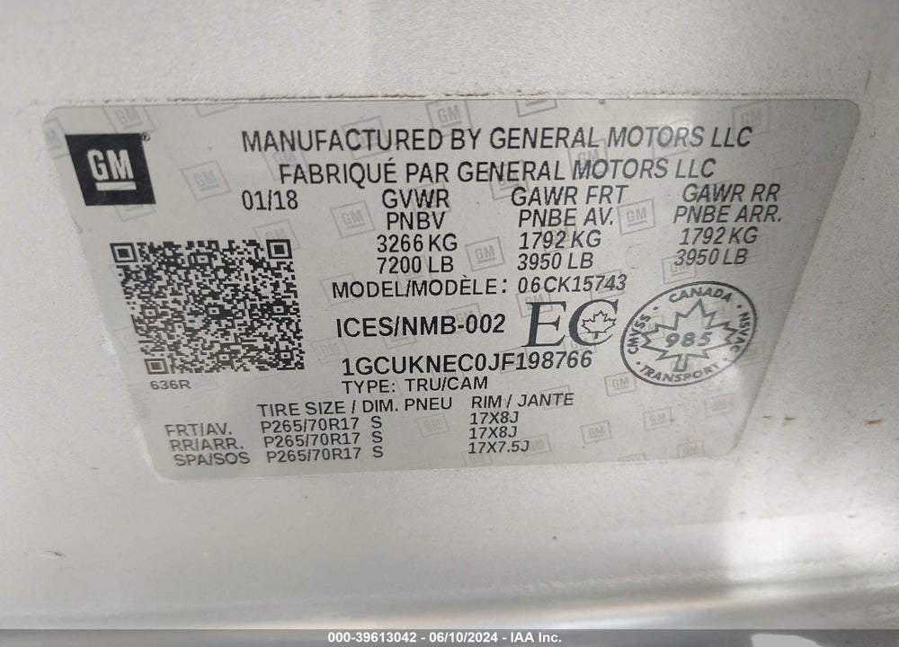2018 CHEVROLET SILVERADO 1500 VIN: 1GCUKNEC0JF198766