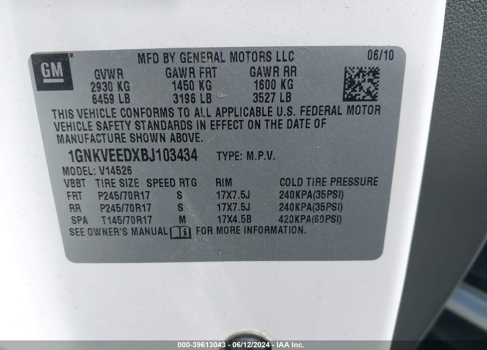 2011 CHEVROLET TRAVERSE LS VIN: 1GNKVEEDXBJ103434