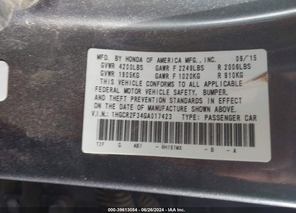 2016 HONDA ACCORD LX VIN: 1HGCR2F34GA017423