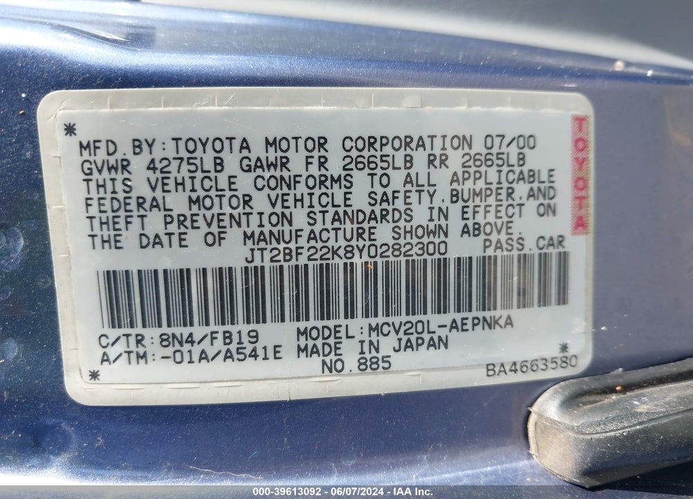 2000 TOYOTA CAMRY LE V6/XLE V6 VIN: JT2BF22K8Y0282300