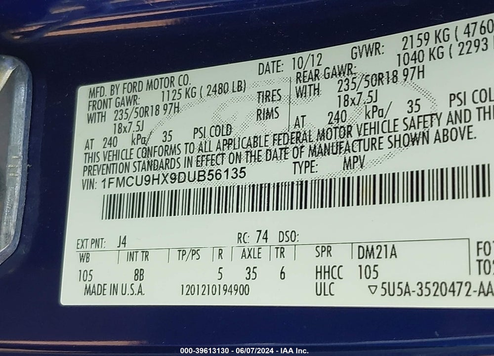 2013 FORD ESCAPE SEL VIN: 1FMCU9HX9DUB56135