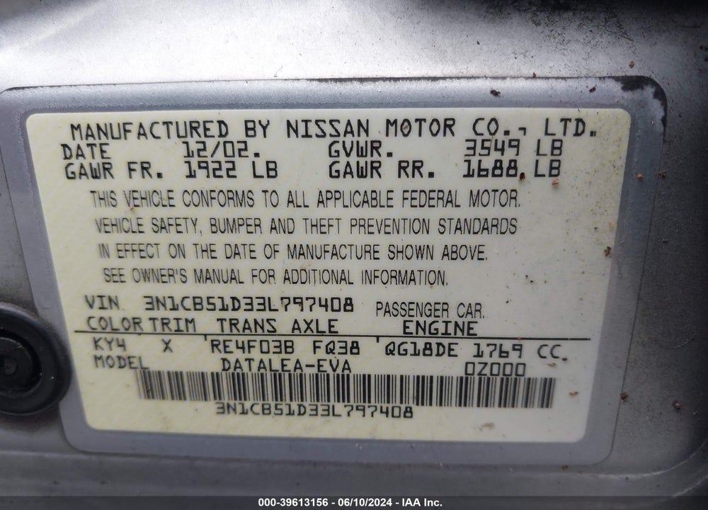 2003 NISSAN SENTRA GXE/XE VIN: 3N1CB51D33L797408
